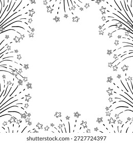 A square frame with a festive fireworks display. Sketch-style vector illustration for book design, coloring books, children's interiors, holiday cards, and events