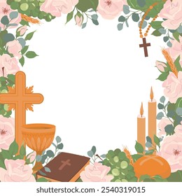 Square frame with First Communion symbols. Vector. Golden wine cup, Grail, bread, Bible, rosary, wine, white roses, candles and crucifix. Clipart for First Communion invitations.