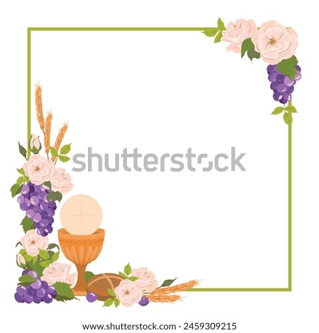 Square frame with first communion symbols. Vector. Composition from a golden bowl for wine, bread, wine, grapes, white roses. Beautiful design elements for an invitation to the Holy Eucharist.