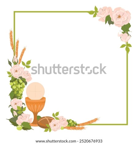 Square frame with first communion symbols. Vector. Composition from a golden bowl for wine, bread, wine, grapes, white roses. Beautiful design elements for an invitation to the Holy Eucharist.