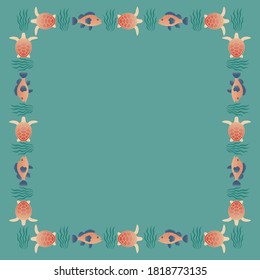Square frame with fish and turtles swimming in the sea. Marine life background. Vector EPS10.
