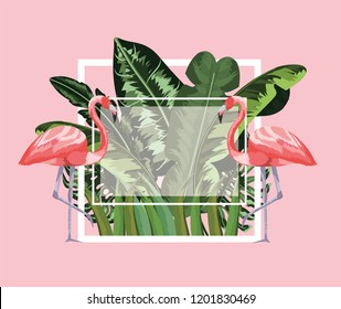 square frame with flamingos and leaves background