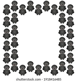 Square frame of flat cute smiling cartoon western gorillas with ruddy cheeks on a white background. Isolated backdrop for text of cute african primates. Vector.