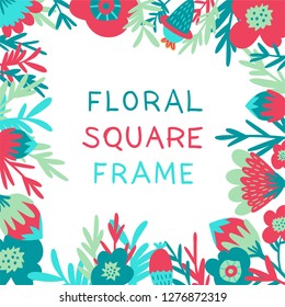 Square frame with floral elements for your design and compositions. Nice for wedding invitations, greeting cards, web. Vivid trendy colors: red, green, blue, turquoise. EPS 10.