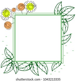 Square frame with floral ornament. Vector background decorated. Chamomiles, gerberas