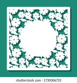 Marco cuadrado con un patrón floral de flores y hojas y un lugar redondo para el texto (espacio de copia) en el medio. Plantilla para corte láser, talla de madera, contrachapado o metal. Ilustración vectorial.