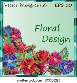 Square frame with flowers, leaves and buds of colorful poppies in the stained glass style on a light background