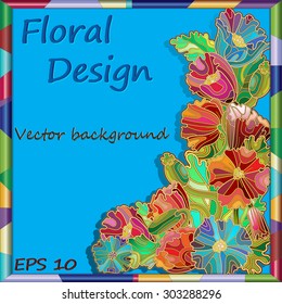  	
Square frame with flowers, leaves and buds of colorful poppies in the stained glass style on a blue background