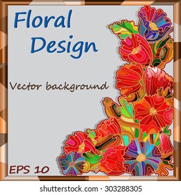 Square frame with flowers, leaves and buds of colorful poppies in the stained glass style on a light background