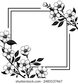 square frame with flowers in two corners. vector illustration with colors and lines in black and white.