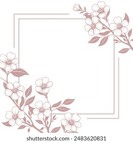 square frame with flowers in two corners. vector illustration with flowers and lines in a dusty lilac color.