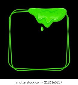 Square frame with a flowing green slime. Dripping toxic viscous liquid. Vector cartoon illustration.