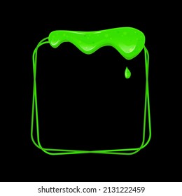 Square frame with a flowing green slime. Dripping toxic viscous liquid on a black background. Vector cartoon illustration