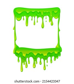 Square frame with a flowing green slime. Dripping toxic viscous mucus. Vector cartoon illustration.