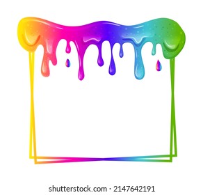 Square frame with a flowing rainbow slime. Dripping toxic viscous liquid on a black background. Vector cartoon illustration. 