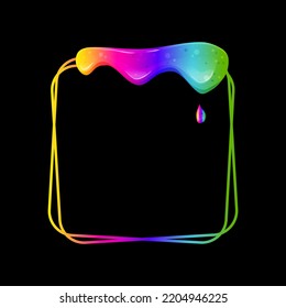 Square frame with a flowing rainbow slime. Dripping toxic viscous liquid. Vector cartoon illustration. 