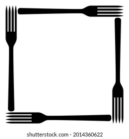 Square frame of four dinner forks on blank background. Food theme. Space for logo, menu, text, template for design. Vector illustration and drawing. Black and white silhouette.