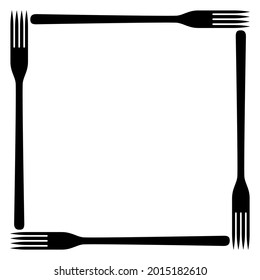 Square frame of four dinner forks on blank background. Food theme. Space for logo, menu, text, template for design. Vector illustration and drawing. Black and white silhouette.