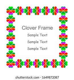 A square frame with four rainbow colored clover leaves. Vector illustration