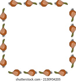 Square frame with fresh onions on white background. Vector image.

