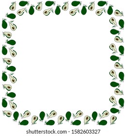 Square frame of fresh whole and halved avocados drawn in line art style on a white background. Isolated template for text, card. Vector.