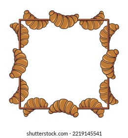 Quadrat-Rahmen, frisch gebackenes köstliches Croissant, Kopienraum, Vektorgrafik im Cartoon-Stil auf weißem Hintergrund