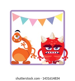 square frame with funny monsters and garlands hanging