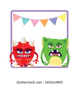 square frame with funny monsters and garlands hanging