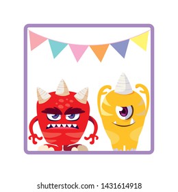 square frame with funny monsters and garlands hanging