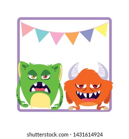 square frame with funny monsters and garlands hanging