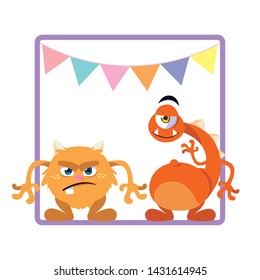 square frame with funny monsters and garlands hanging