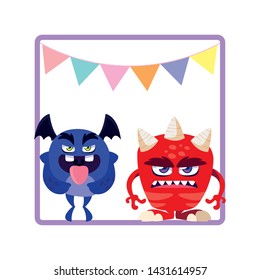 square frame with funny monsters and garlands hanging