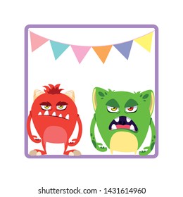 square frame with funny monsters and garlands hanging