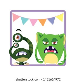 square frame with funny monsters and garlands hanging