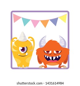 square frame with funny monsters and garlands hanging