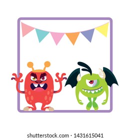 square frame with funny monsters and garlands hanging