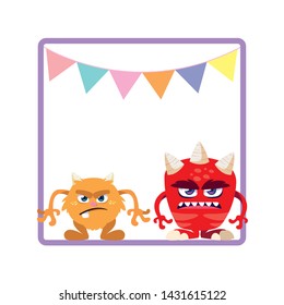 square frame with funny monsters and garlands hanging