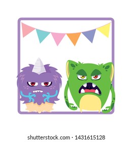 square frame with funny monsters and garlands hanging