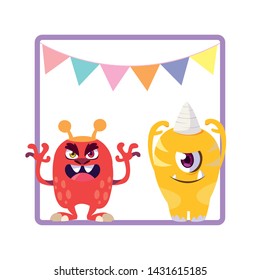 square frame with funny monsters and garlands hanging