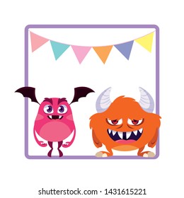 square frame with funny monsters and garlands hanging