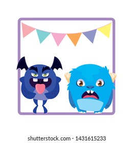 square frame with funny monsters and garlands hanging