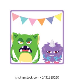 square frame with funny monsters and garlands hanging