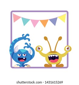 square frame with funny monsters and garlands hanging