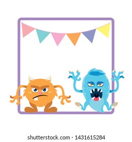 square frame with funny monsters and garlands hanging