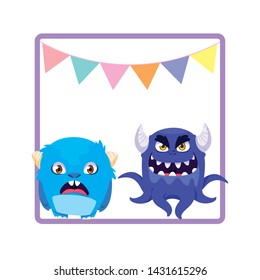 square frame with funny monsters and garlands hanging