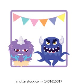 square frame with funny monsters and garlands hanging