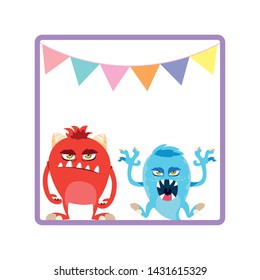 square frame with funny monsters and garlands hanging