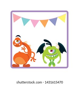 square frame with funny monsters and garlands hanging