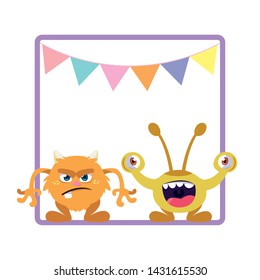 square frame with funny monsters and garlands hanging