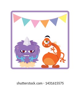square frame with funny monsters and garlands hanging